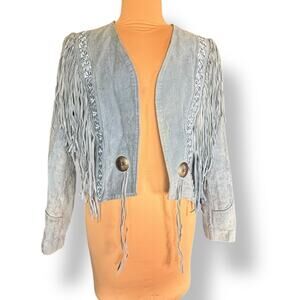 Vintage 80s Pioneer Wear Blue Suede Leather Fringe Western Jacket Cropped Concho